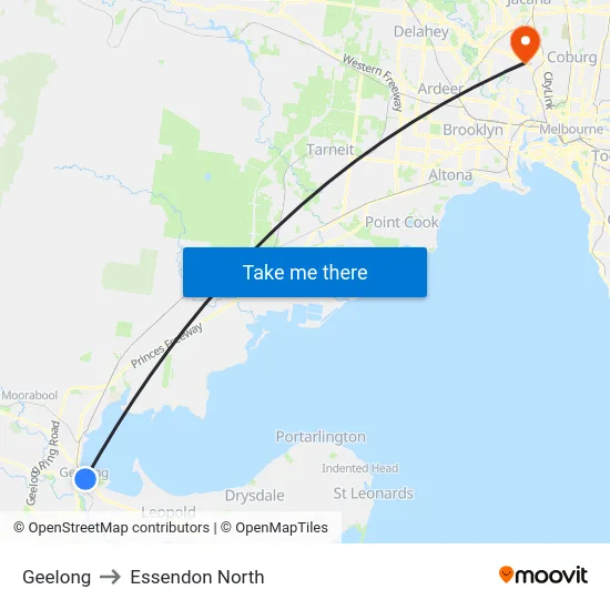 Geelong to Essendon North map