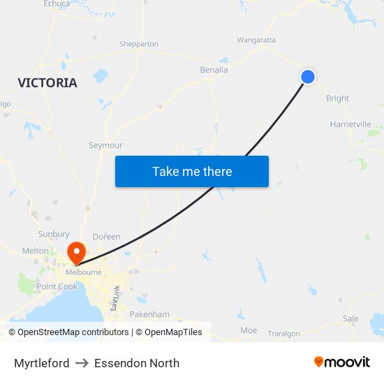 Myrtleford to Essendon North map