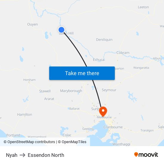 Nyah to Essendon North map