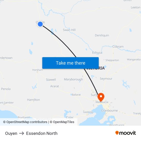 Ouyen to Essendon North map