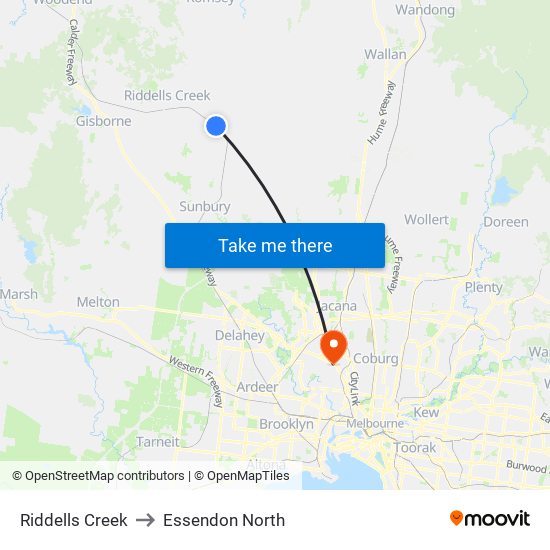 Riddells Creek to Essendon North map