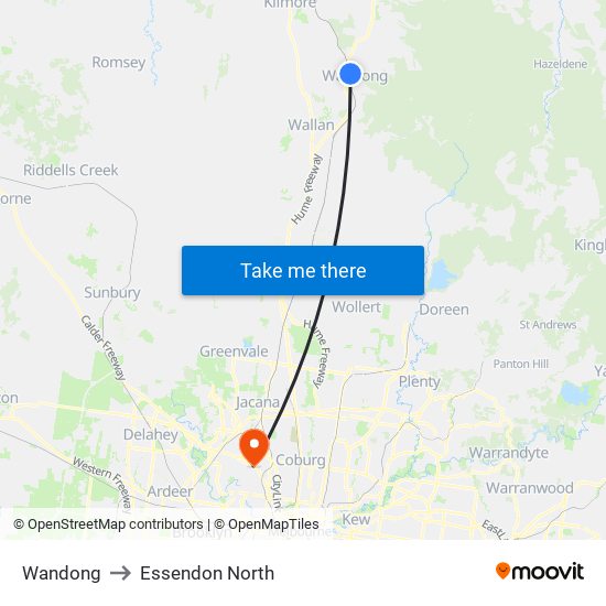 Wandong to Essendon North map