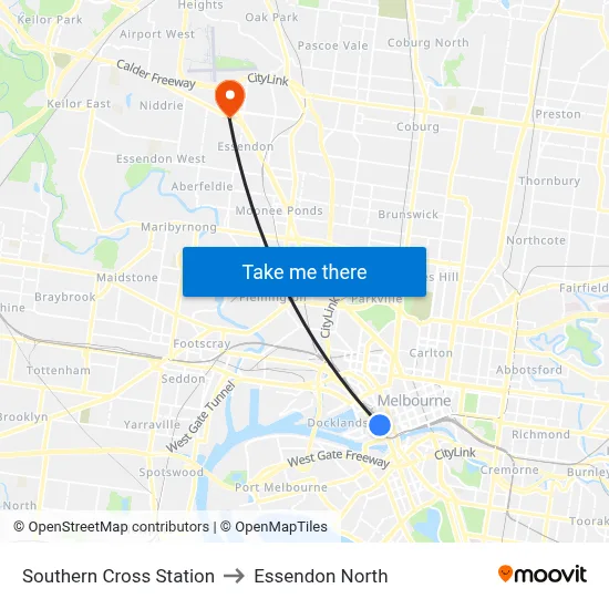 Southern Cross Station to Essendon North map