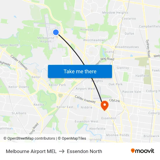 Melbourne Airport MEL to Essendon North map