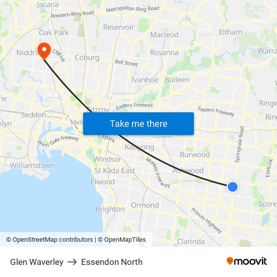 Glen Waverley to Essendon North map