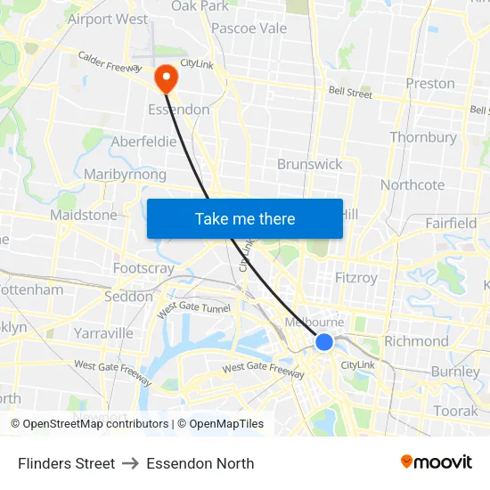 Flinders Street to Essendon North map