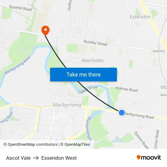Ascot Vale to Essendon West map