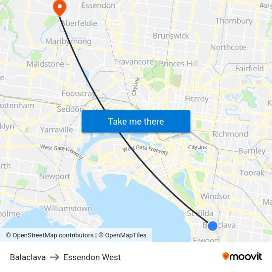 Balaclava to Essendon West map