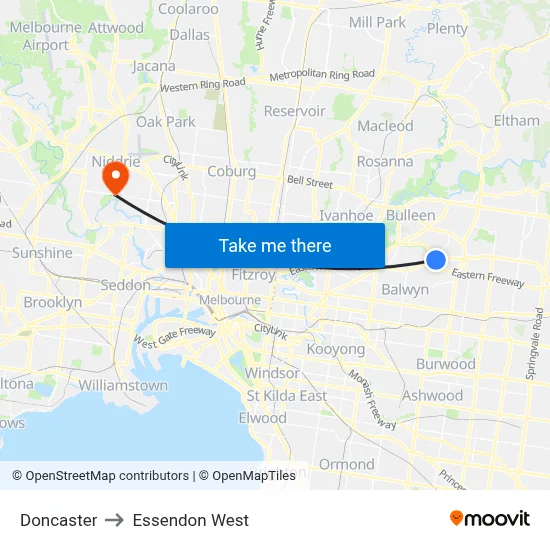 Doncaster to Essendon West map