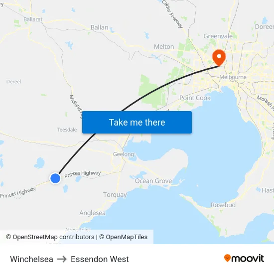 Winchelsea to Essendon West map
