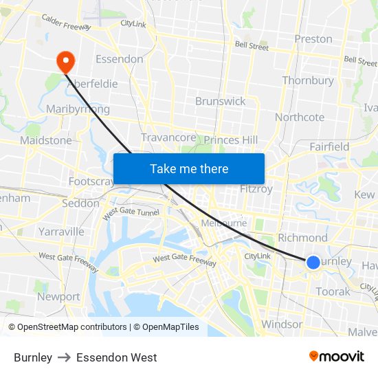 Burnley to Essendon West map