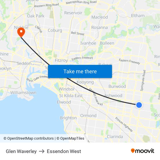 Glen Waverley to Essendon West map