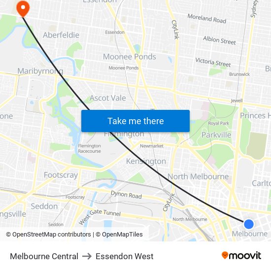 Melbourne Central to Essendon West map