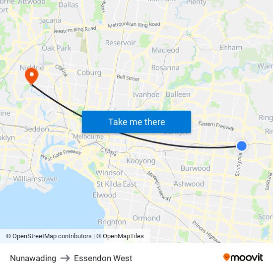 Nunawading to Essendon West map