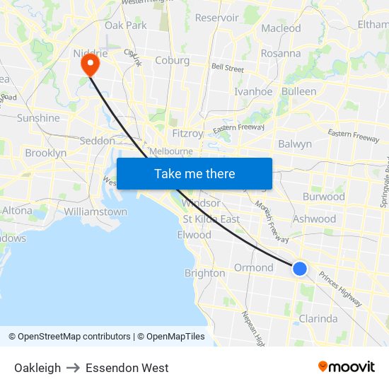 Oakleigh to Essendon West map