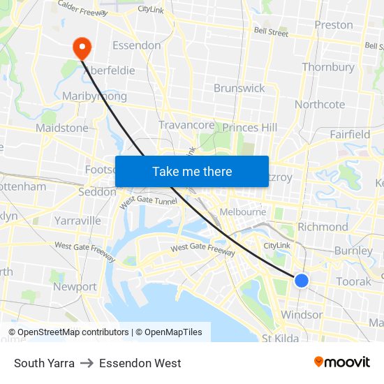South Yarra to Essendon West map