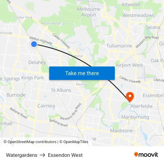 Watergardens to Essendon West map