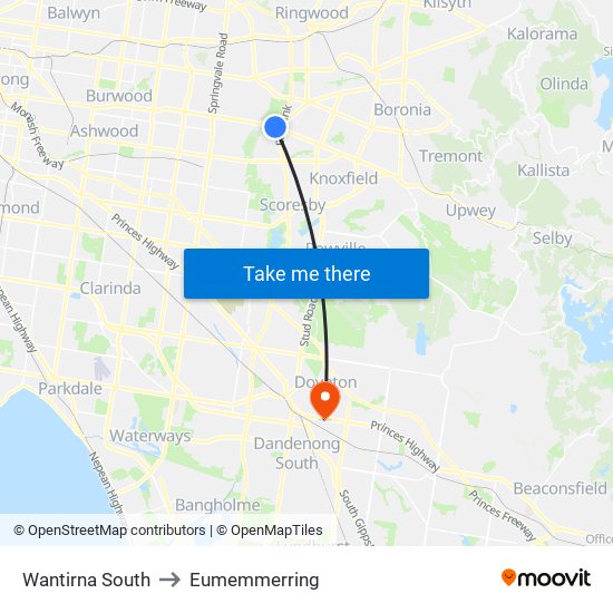 Wantirna South to Eumemmerring map
