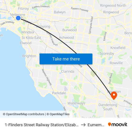 1-Flinders Street Railway Station/Elizabeth St (Melbourne City) to Eumemmerring map
