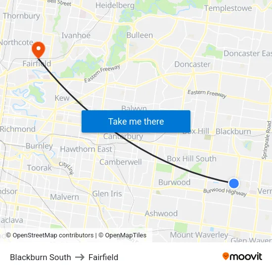 Blackburn South to Fairfield map
