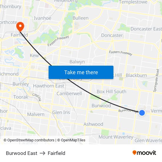 Burwood East to Fairfield map