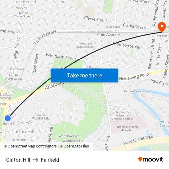 Clifton Hill to Fairfield map