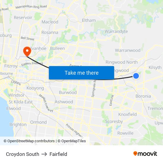 Croydon South to Fairfield map