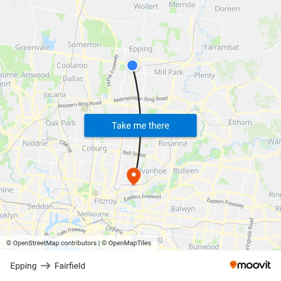 Epping to Fairfield map