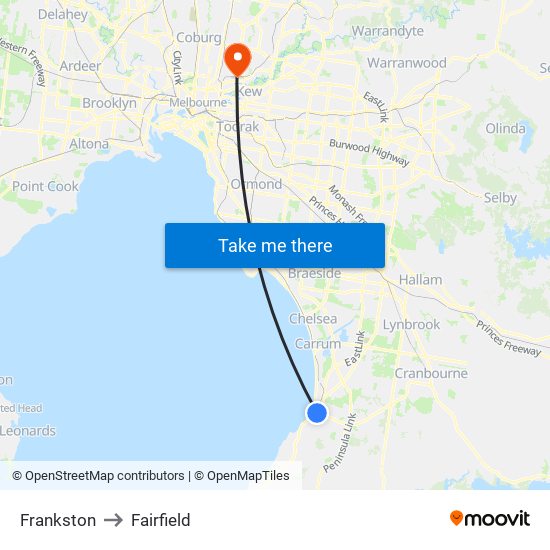 Frankston to Fairfield map