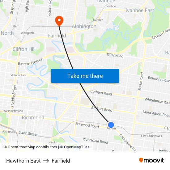 Hawthorn East to Fairfield map