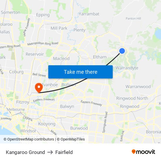 Kangaroo Ground to Fairfield map