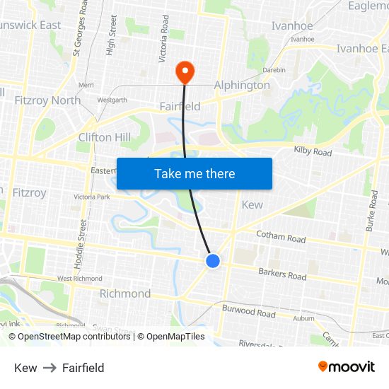 Kew to Fairfield map