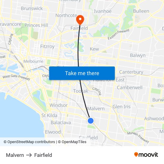 Malvern to Fairfield map