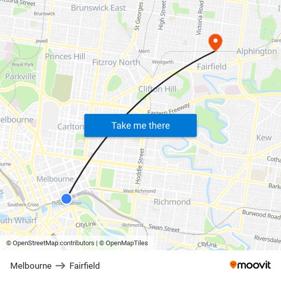 Melbourne to Fairfield map