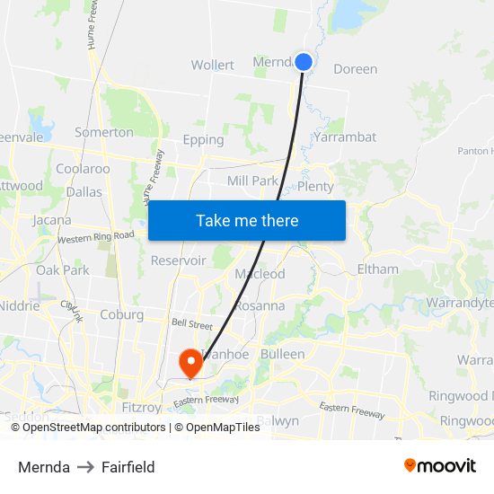 Mernda to Fairfield map