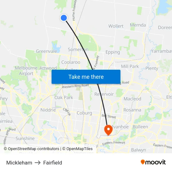 Mickleham to Fairfield map