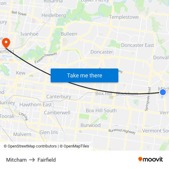 Mitcham to Fairfield map