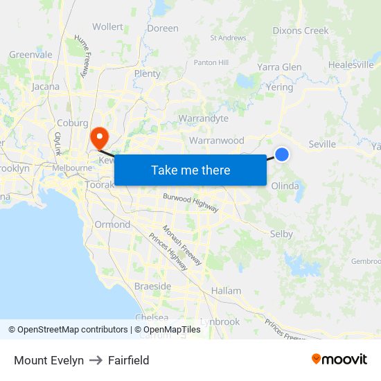Mount Evelyn to Fairfield map