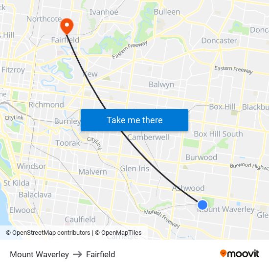 Mount Waverley to Fairfield map