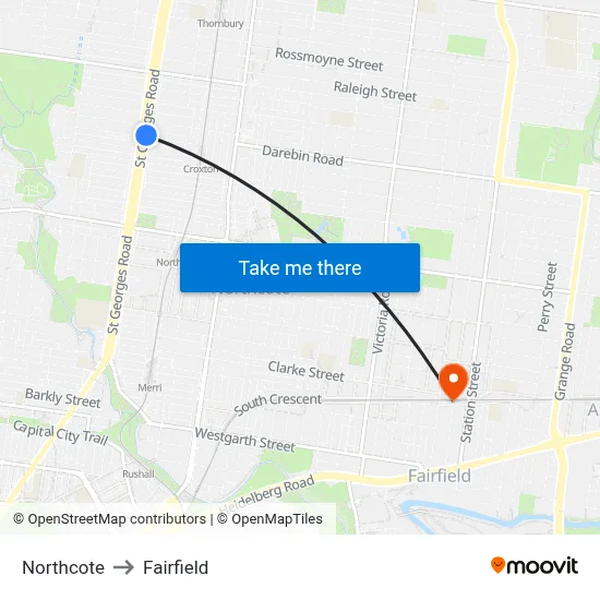 Northcote to Fairfield map