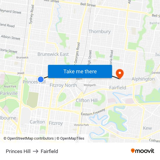 Princes Hill to Fairfield map