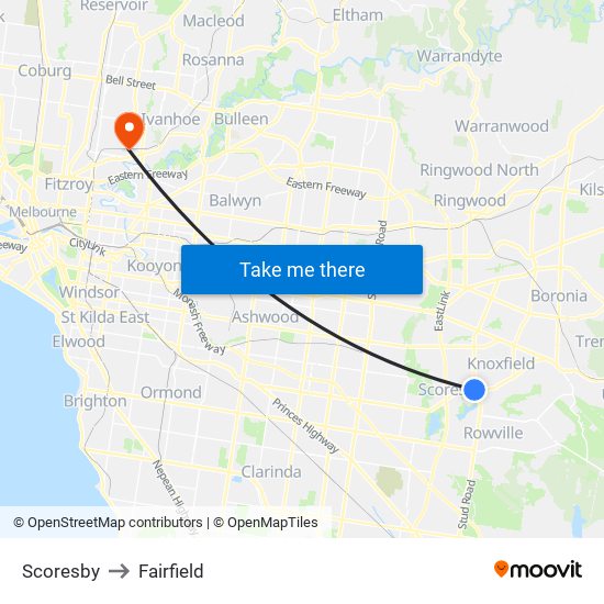 Scoresby to Fairfield map