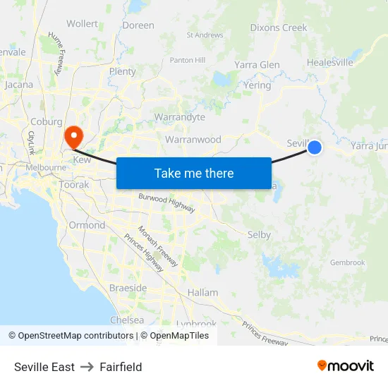 Seville East to Fairfield map