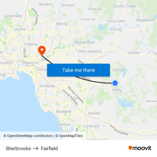 Sherbrooke to Fairfield map