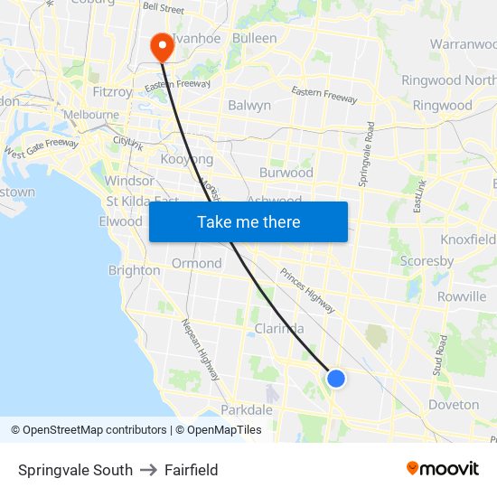 Springvale South to Fairfield map