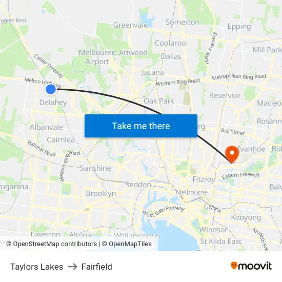 Taylors Lakes to Fairfield map