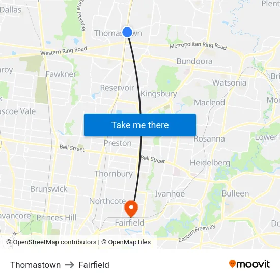 Thomastown to Fairfield map