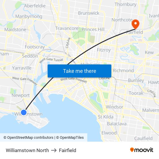 Williamstown North to Fairfield map