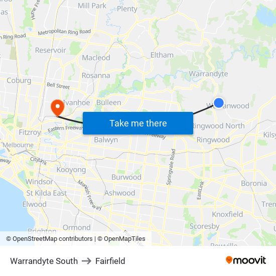Warrandyte South to Fairfield map