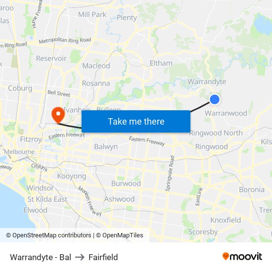 Warrandyte - Bal to Fairfield map